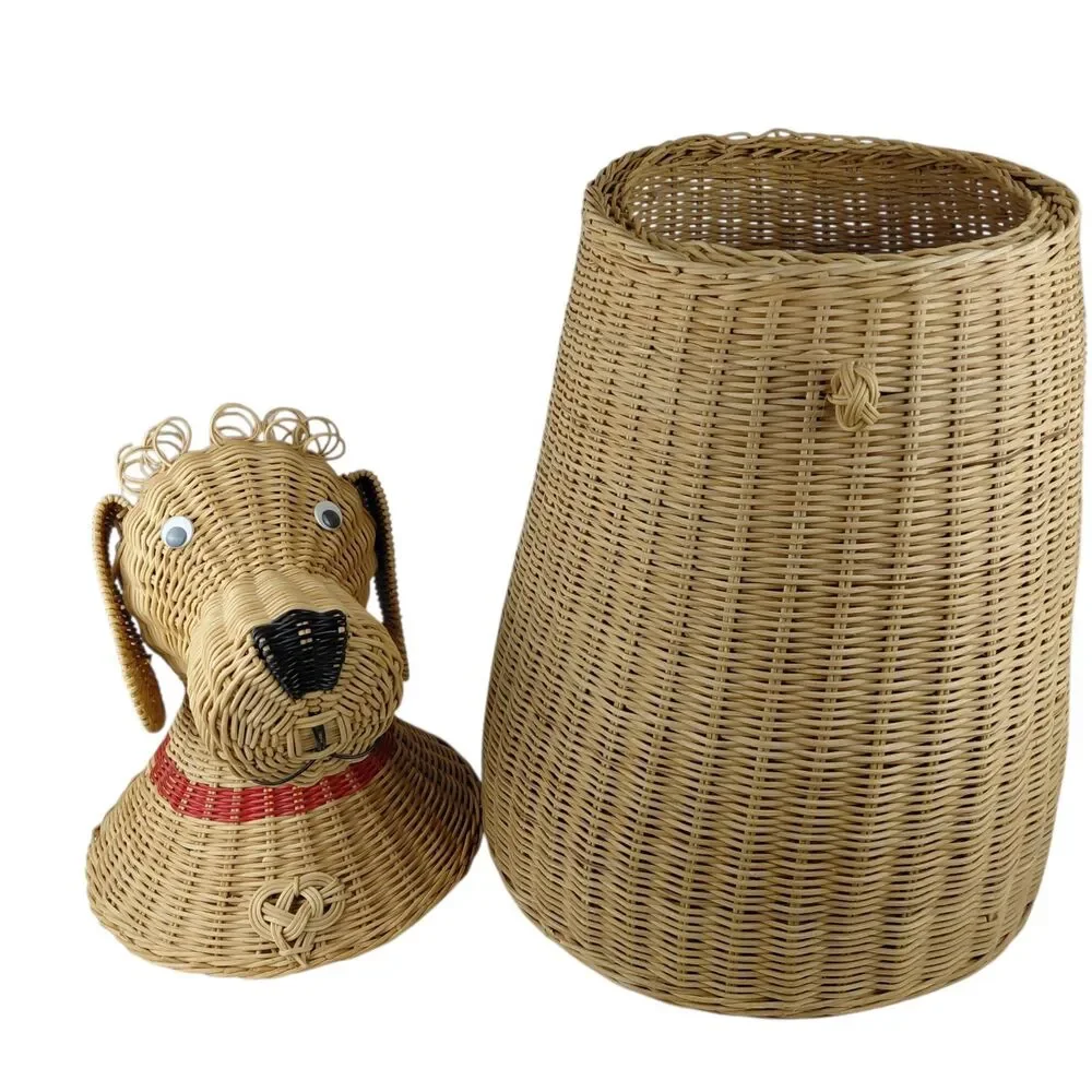 Wicker Dog Basket Hamper Laundry Puppy Collar Animal Novelty Vtg 70's MCM 31